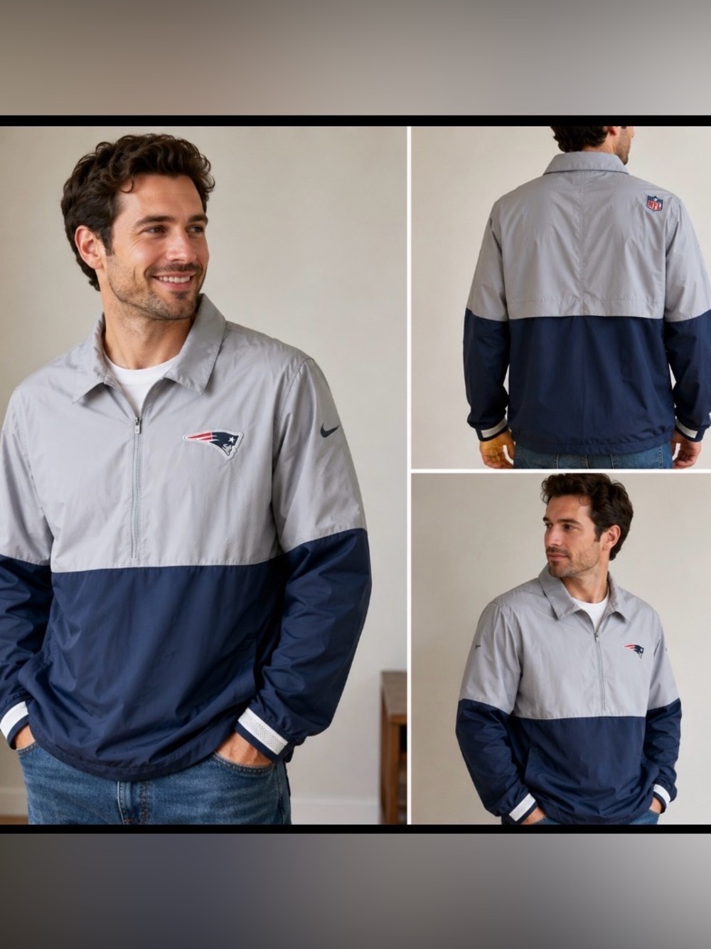 Nike NFL On Field NE Patriots Quarter Zip Windbreaker Jacket XXL Gray Navy